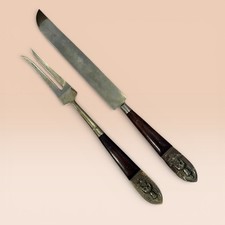 Vintage Siam Brass Rosewood Carving Set Knife Fork Thailand Goddess Handle MCM