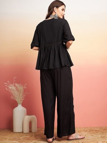Women’s Black Boho Co-Ord Set Embroidered Tassel Tie Top & Pants Resort Outfit - Afbeelding 5 van 6