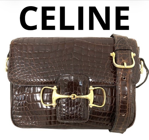 CELINE Vintage Crocodile Embossed Leather Shoulder Bag Brown Authentic DDP