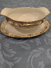 Noritake China (175) Christmas Ball Gravy Boat Green16034 Backstamp Attchd Plate