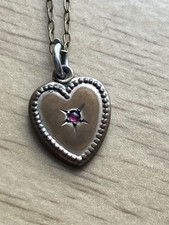 Vintage Heart Locket Necklace England Starburst Red Stone Copper Look Gold Tone
