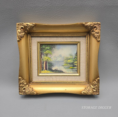 Vintage Original Small Oil Landscape Painting, Ornate Gold Frame 7.75'' x 9''