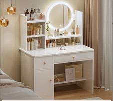 Dimmable Lighted Makeup Table, 2-Drawer Vanity Desk for Bedroom/Girls' Room