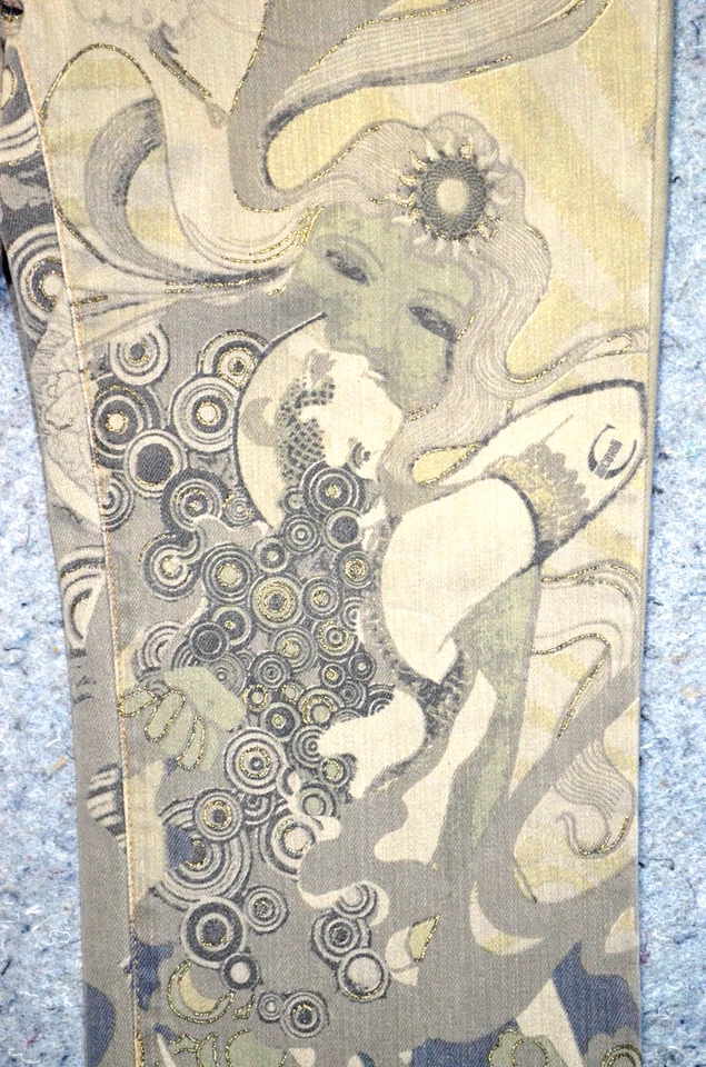 INSANE Just Cavalli "Forest Nymph" Printed Jeans Green/Beige Floral Size 34 - Image 2 of 4