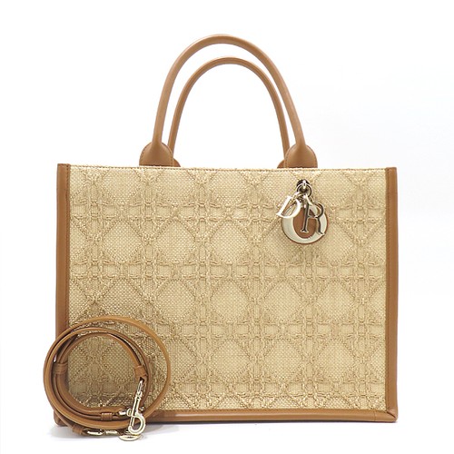 Dior Beige Cannage Raffia Medium Book Tote Bag Strap 2WAY