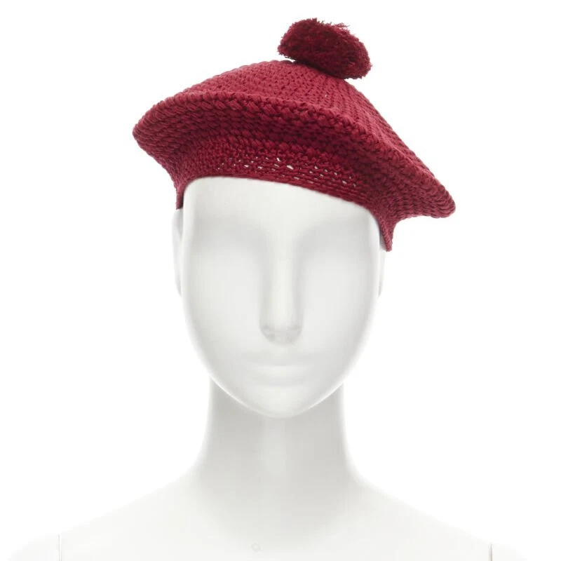 Chapeau béret maille pompons GUCCI Michele 100% coton bordeaux rouge M 57 cm