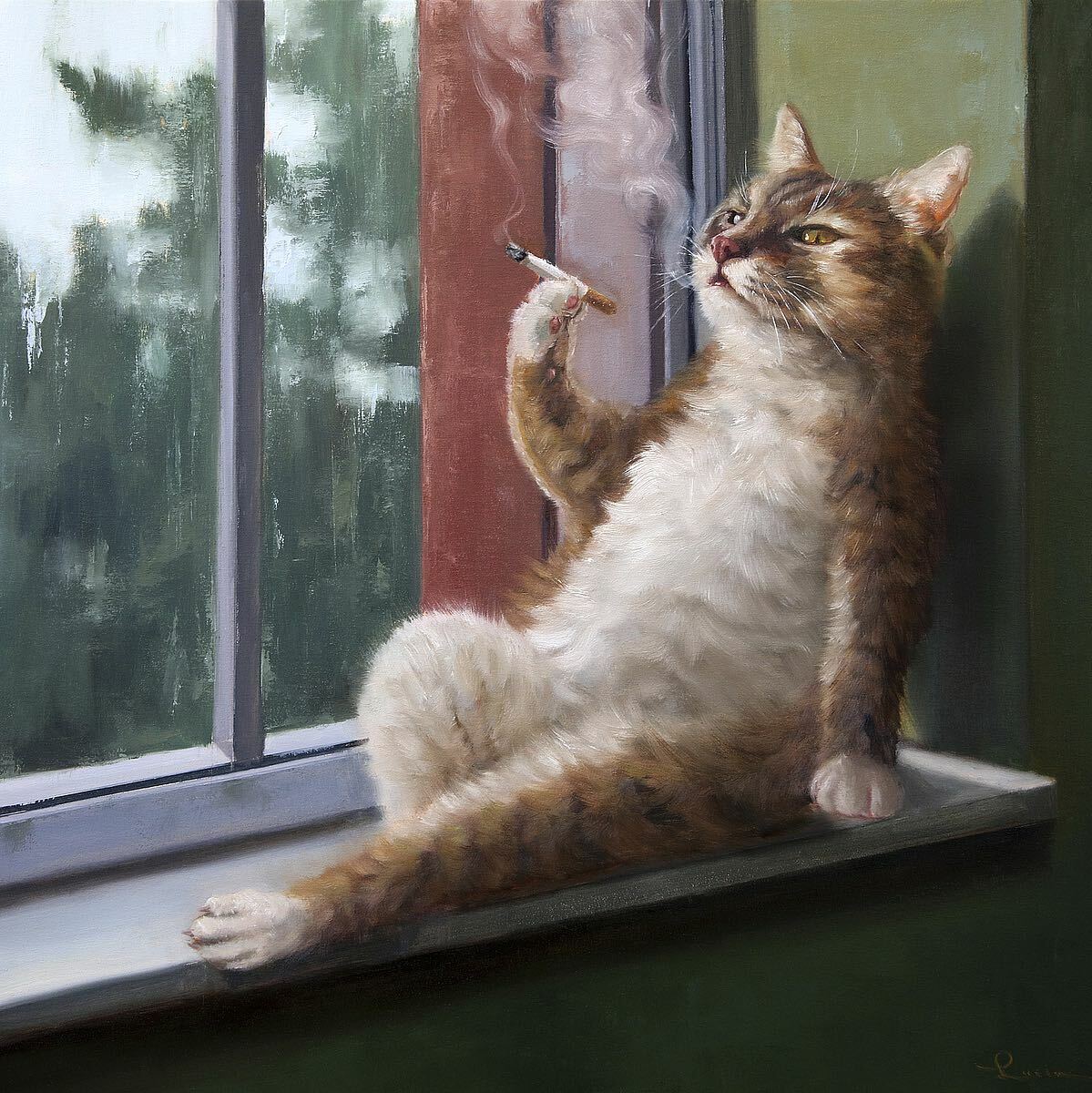Rainy Day Blues Lucia Heffernan Art Print Poster Cat Kitten Smoking Funny  16x16