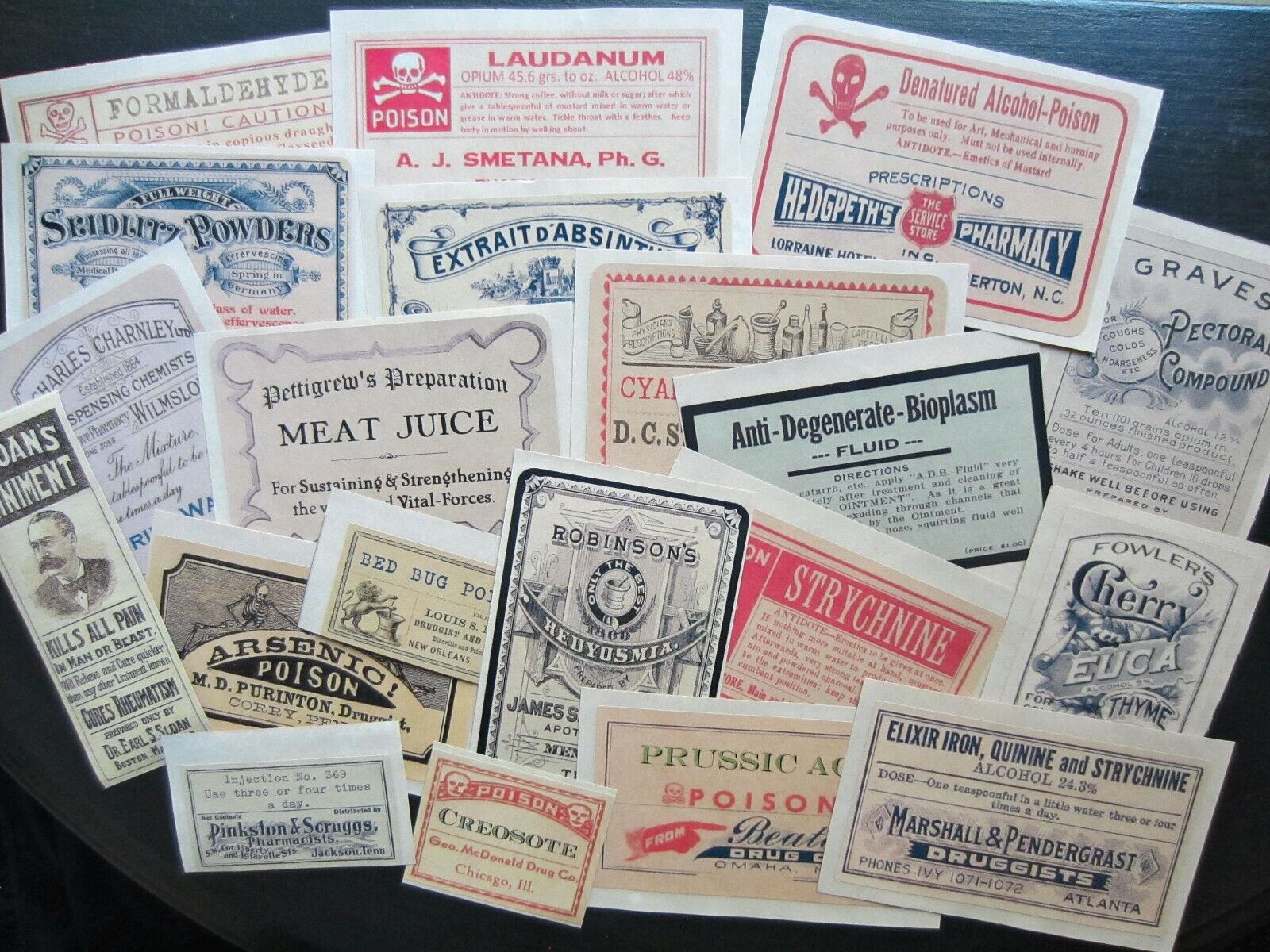 SET of 20 Poison STICKERS Vintage-look Victorian Apothecary Halloween Grungy 