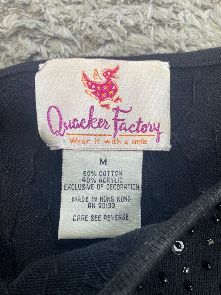 Quacker Factory Sweater Womens Medium Black Beaded Rhinestone Bling Granny Vtg - Image 3 of 4