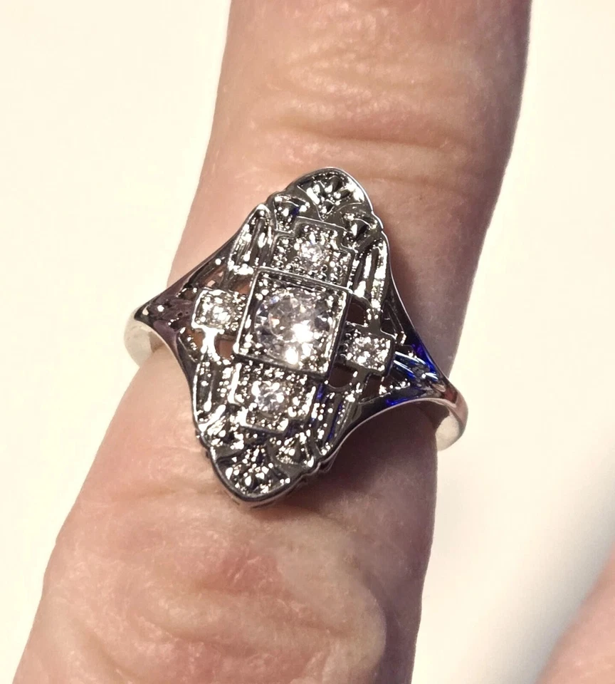 Vintage Art Deco Style 925 Sterling Silver Ring Platinum FN Lab Created Diamonds - Image 3 of 4