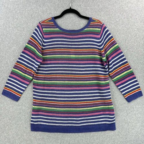 New TALBOTS Petunia Stripe Linen Crewneck Sweater Sz L Rainbow 3/4 Sleeve