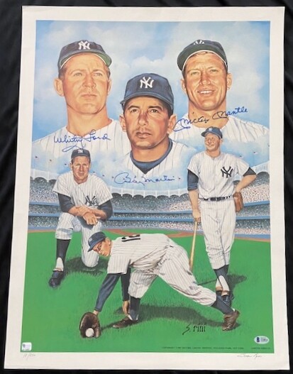 Ed Ford Autographed Signed New York Yankees 1987 WHITEY FORD BILLY MARTIN MICKEY MANTLE Lithograph Original COA + BAS 