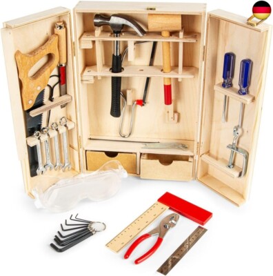 Leomark Deluxe Holz Werkzeug für Kinder - 50-TLG - Werkzeugkasten