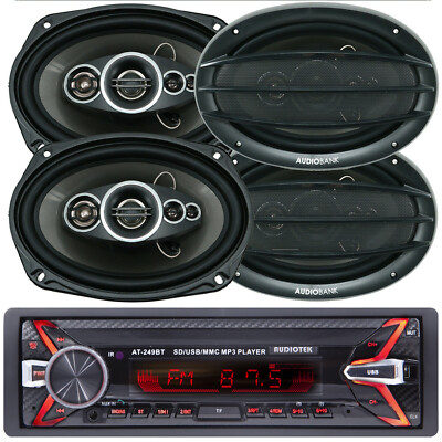 Audiotek Bluetooth Car Stereo Digital Media Receiver + 4x Audiobank 6x9'' Speaker