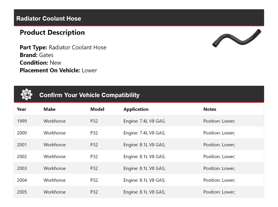 Manguera de refrigerante de radiador Workhorse P32 1999-2005 puertas inferiores 2000 2001 2002 Foto 2 de 4