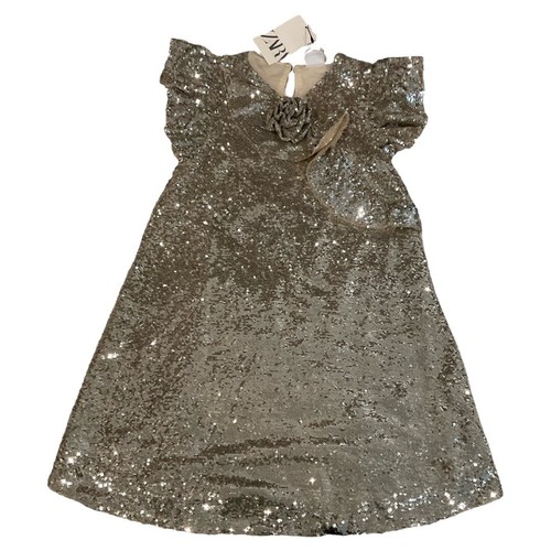 Zara Ruffle Short Flutter Sleeve Silver Shiny Sparkly Sequin Dress 9 Girl NWT