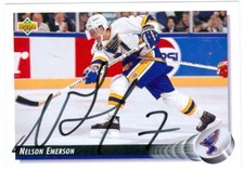 Nelson Emerson autographed Hockey Card (St. Louis Blues) 1992 Upper Deck #166