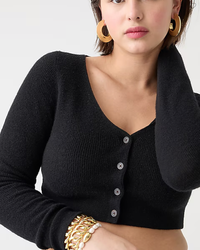 NWT J.Crew $148 Featherweight Cashmere Cropped Cardigan Sweater, Black, Sz M - Picture 2 of 5