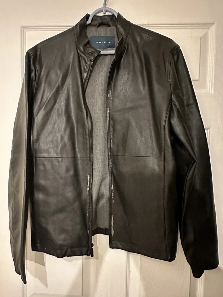 PERRY ELLIS Men's Zipper Faux Leather Moto Jacket S Black - Image 4 of 4