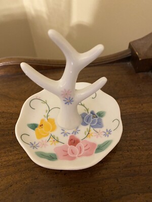 Vintage 3 3/4'' PORCELAIN FLORAL Tree Ring/Jewelry holder, Japan UCGG, Rare! VCG