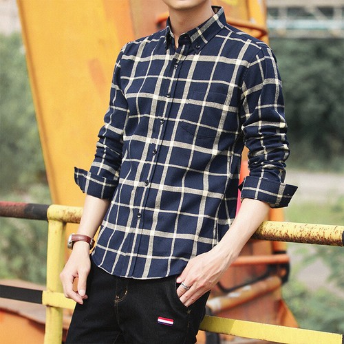 Spring and Autumn Men's Retro Plaid Fashion Casual Long Sleeve Button Shirt Top - Picture 18 of 48
