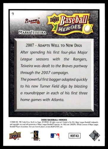 2008 Upper Deck Baseball Heroes BLACK Mark Teixeira Atlanta Braves #9 - Picture 2 of 2