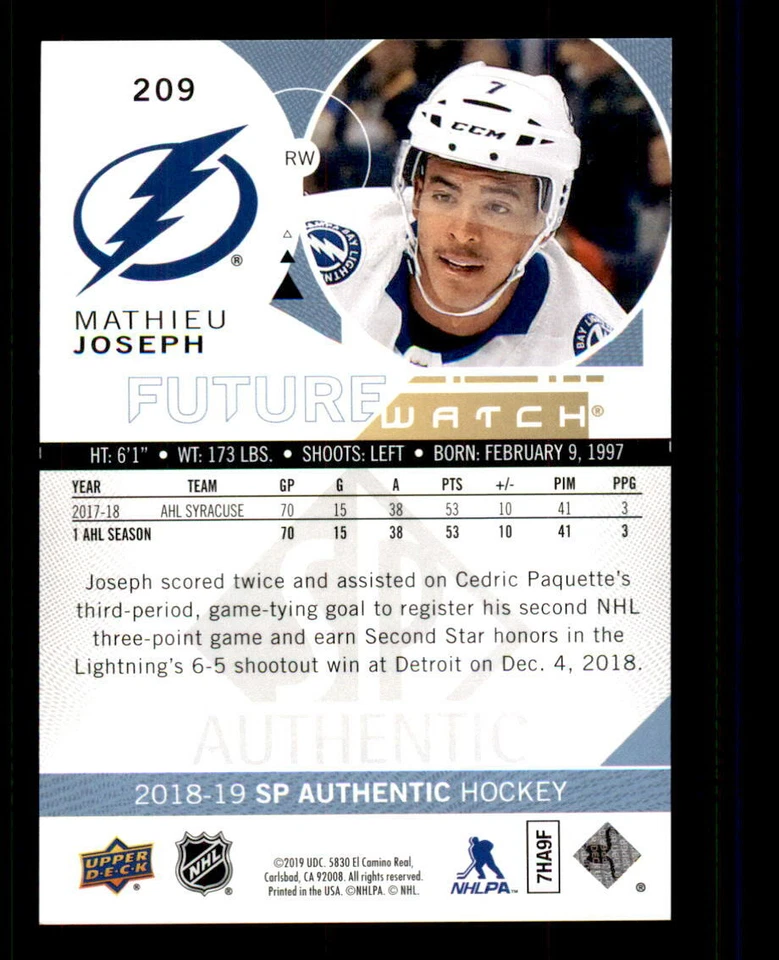 2018-19 SP Authentic #209 Mathieu Joseph Rookie #/999 (ref 58961) - Image 2 of 2