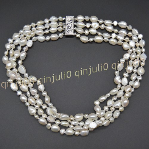 "Collana Vera Perla Barocca 4 Righe 4-5mm 9-10mm Bianco Naturale Dolce Barocco 17-20"" - Foto 3 di 4