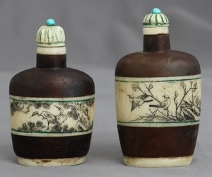 Two Vintage Chinese Wood Bone Ink Etched Snuff Bottle Dragon Birds Lids Spoons