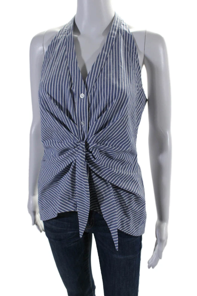 Blusa Drew Mujer Botón Frontal Vertical Rayas Cuello en V Azul Blanco Talla Pequeña Foto 2 de 4