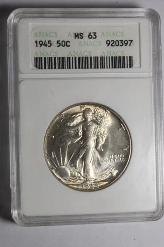 1945 Walking Liberty Half Dollar ANACS MS63 Old Holder