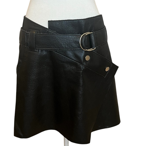 Zara Kunstleder schwarz Rock Gürtel Wickel Minirock Größe Large Moto Mob Wife - Bild 1 von 11