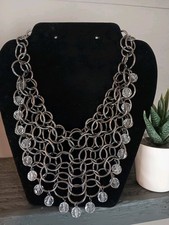 Vintage Chainmail Necklace Crystal Drops Strands Silver-Tone Mesh 14" Toggle