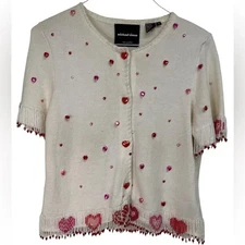Vintage Michael Simon White Size S Heart Fringe & Beads Short Cardigan Top