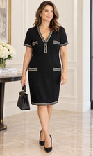 CHANEL Stripe 48 Knit Shift Dress Lace Sleeves XL 14 16 Faux Flap Pockets