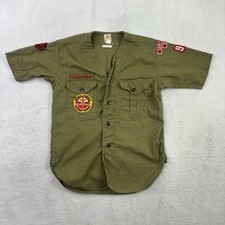 VTG Boy Scouts of America BSA Green Button Up Short Sleeve Shirt Boys Neck 13