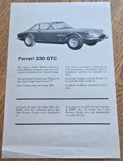 Brochure auto FERRARI 330 GTC testo francese e tedesco volantino vendita / letteratura
