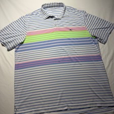 Vineyard Vines Mens Large On-The-Go Sankaty Polo Shirt Blue Neon Striped Golf