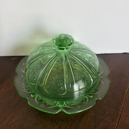 Uranium Jeanette Cherry Blossom Butter Dish Green Depression Glass Lid