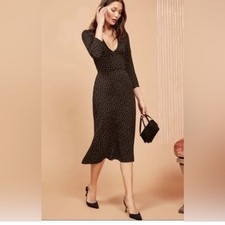 Reformation Mabel Midi Dress Size 4 Polka Dot Black Gold V-Neck Fall Preppy