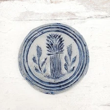 1989 Rowe Pottery Wheat Trivet Wall Tile 4” Round | Cobalt Blue Salt Glazed