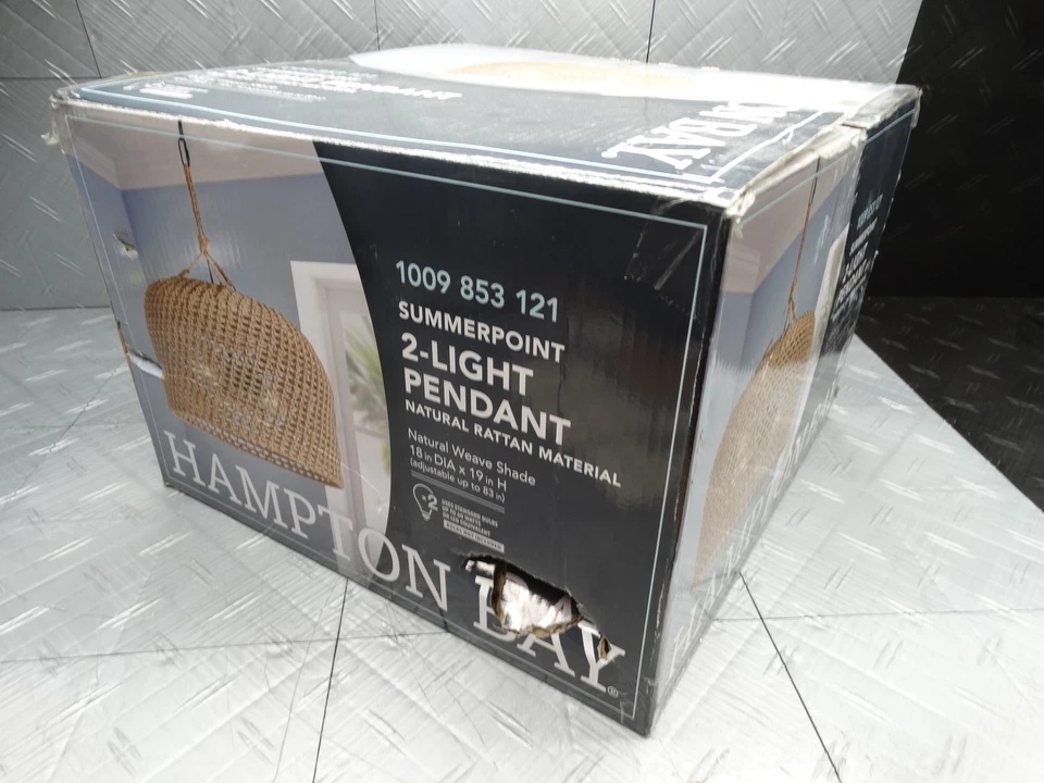 Hampton Bay Summerpoint 2-Light Black Shaded Pendant Light w/Natural Woven Shade - Image 2 of 4
