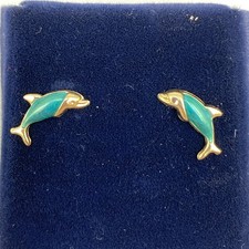 14K Yellow Gold Enameled Dolphin Stud Earrings