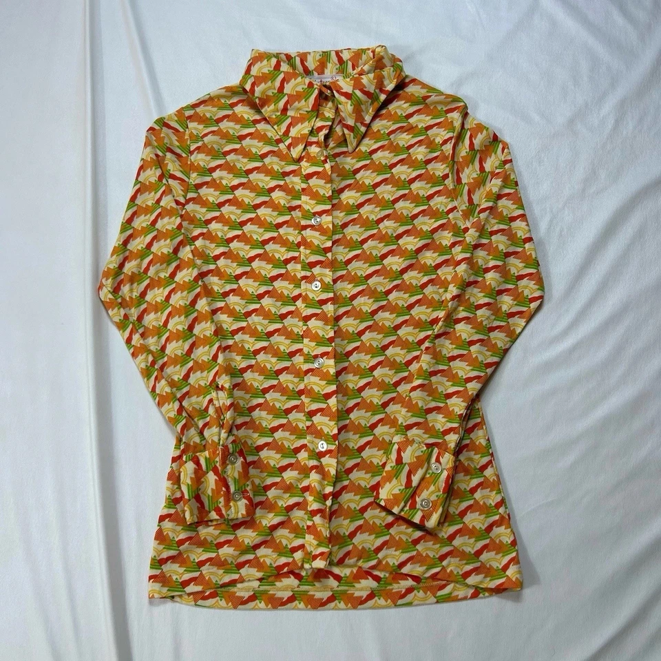 Camisa vintage años 70 naranja abotonada para mujer XS geométrica poliéster cuello en punta Foto 3 de 4