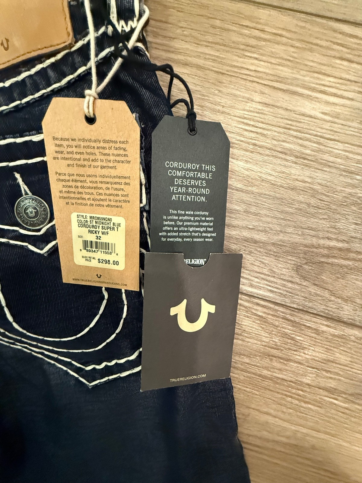 NWT Vintage True Religion Jeans Ricky Super T Midnight Blue Corduroy Pants 32x33 thumbnail 12