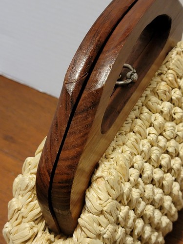 VTG LESCO Woven Basket Purse Ivory Cream Handbag Wooden Handle Boho Chic - Picture 23 of 24