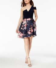  420 Betsy  Adam Womens Blue Cold Shoulder Print Fit  Flare Skirt Dress 12