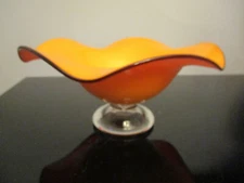 Vintage Retro Mod Orange Art Glass Red Rim Scalloped Footed Centerpiece Bowl!