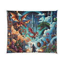 King Size Comforter Retro Video Game Battle 8-bit Dragon Wizard Quest Magic Art