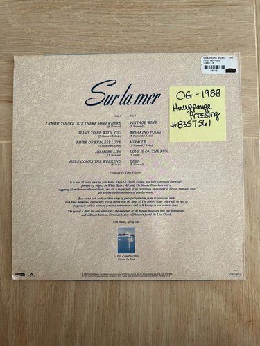 Moody Blues - Sur La Mer - VG+ OG 1988 Polygram vinyl LP OIS - I KNOW YOU'RE . . - Picture 2 of 4